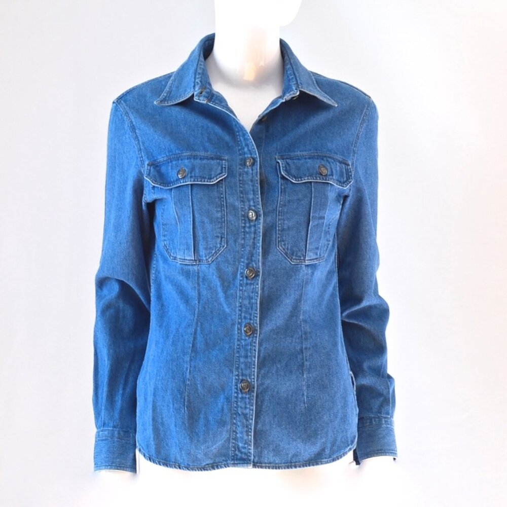 Istante By Versace Fitted Denim Shirt With Lion Head Logo Buttons - Italy